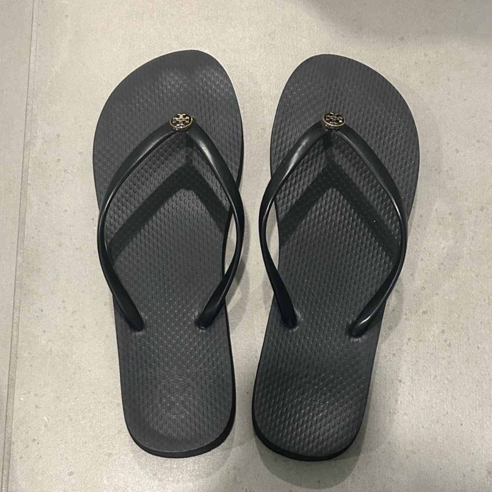 Tory Burch Black Flip Flops with Logo Emblem